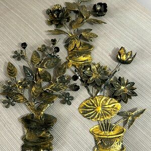 Set of three vintage metal flower wall hangings 13 inches in length